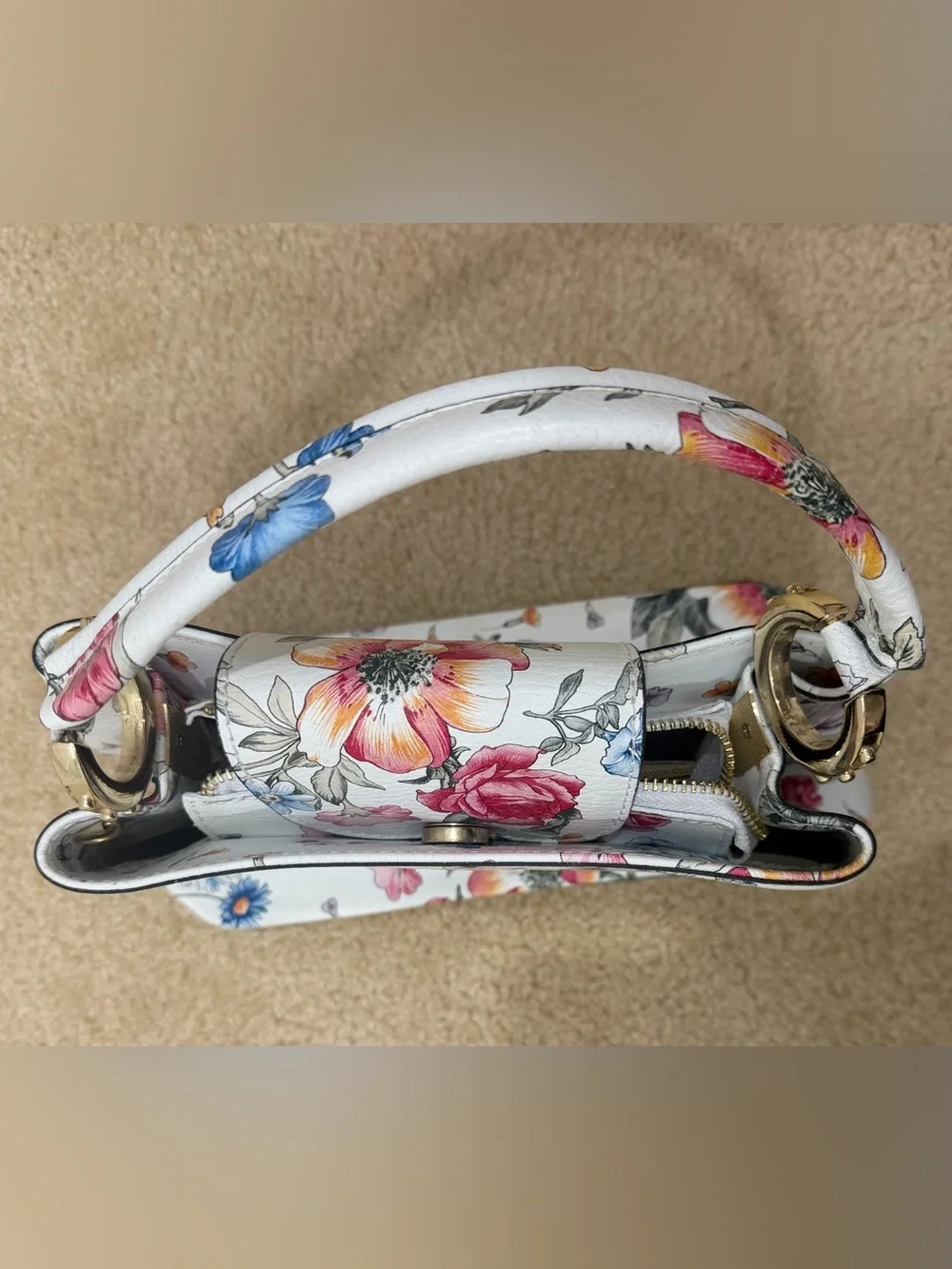 Vera Pelle Made in Italy Floral Leather Top Handle Handbag White Botanical Purse